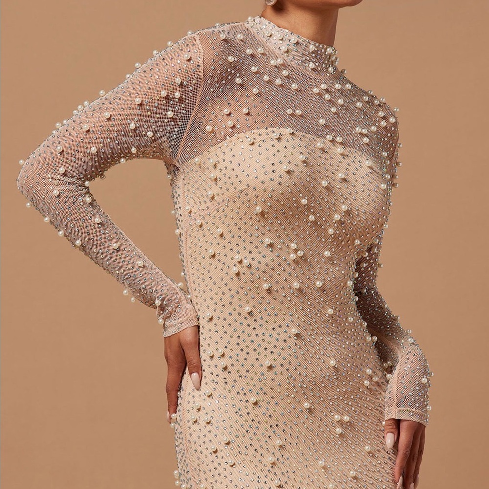 Billionaire Vibes Nude Beaded Mesh Dress